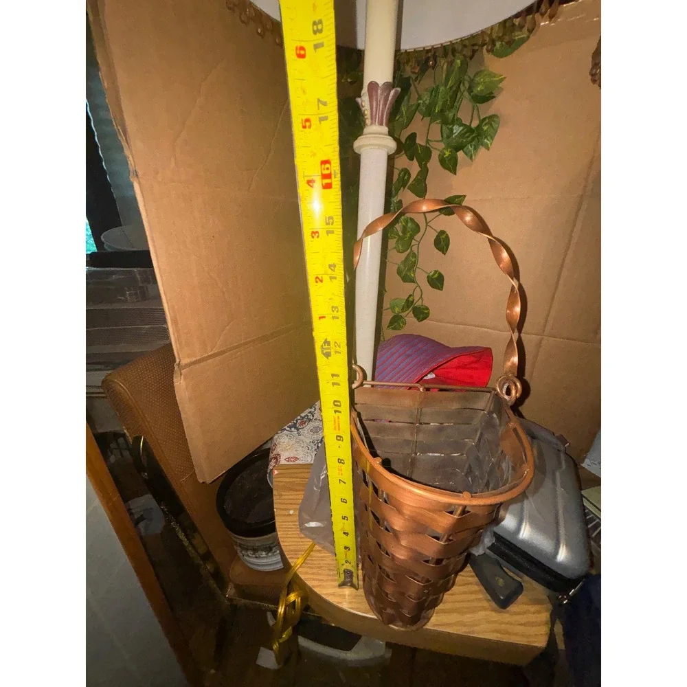 Vintage Copper Woven Metal Hanging Wall Basket Planter Twisted Handle 15.5in
